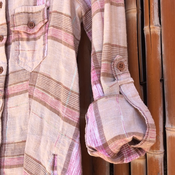 FREE PEOPLE Plaid Linen Blend Button Up Shirt with Pockets - Picture 7 of 11